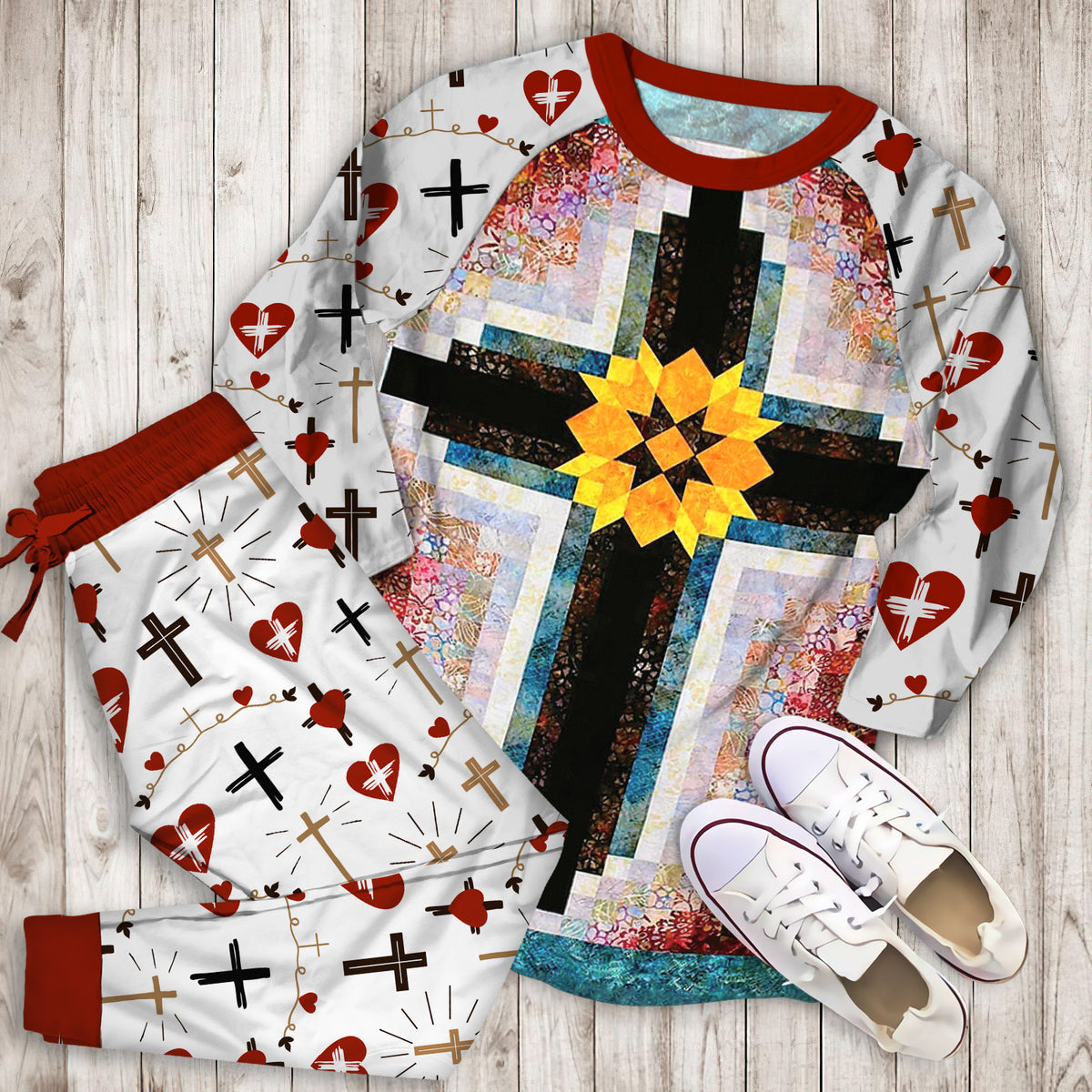Cross Pajama Set | Pajamas | Cotton Sleepwear Sets | Soft Long Sleeve Pjs | Raglan Shirt and Pants Set