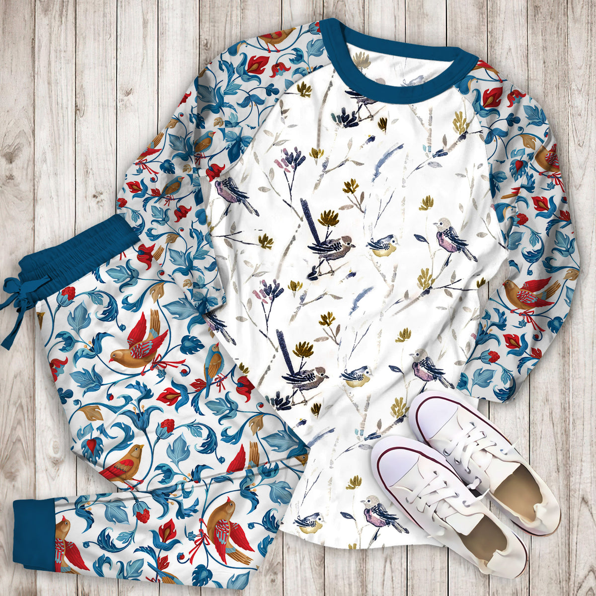 Bird Pajama Set | Pajamas | Cotton Sleepwear Sets | Soft Long Sleeve Pjs | Raglan Shirt and Pants Set
