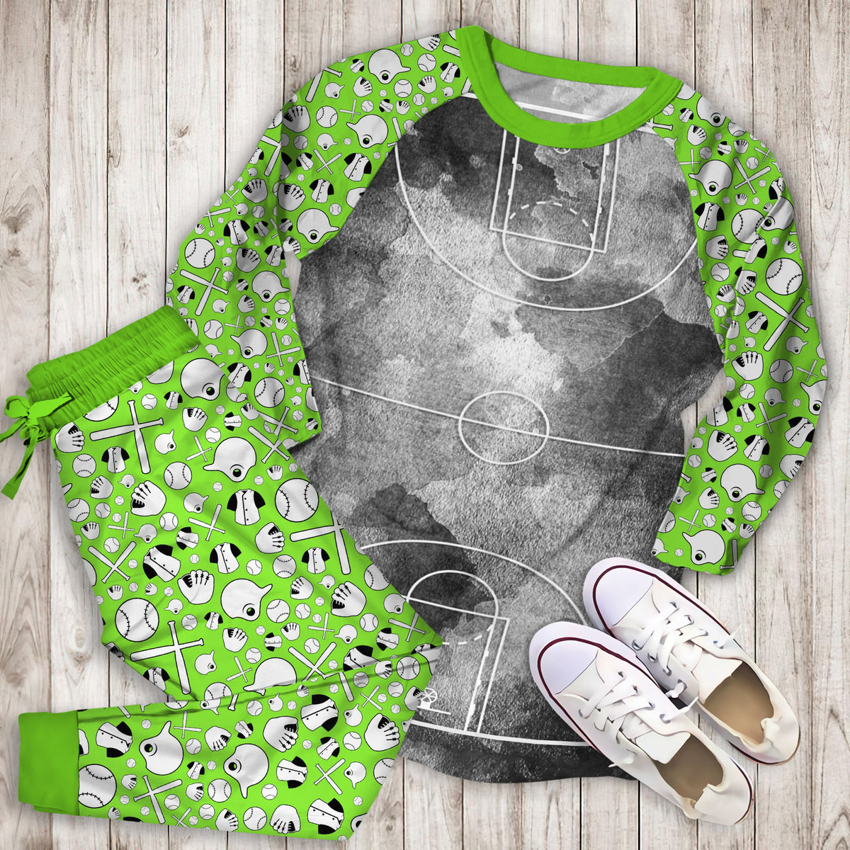 Basketball Yard Black Pajama Set | Pajamas | Cotton Sleepwear Sets | Soft Long Sleeve Pjs | Raglan Shirt and Pants Set