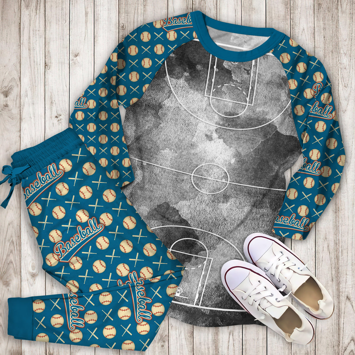 Basketball Yard Black Pajama Set | Pajamas | Cotton Sleepwear Sets | Soft Long Sleeve Pjs | Raglan Shirt and Pants Set