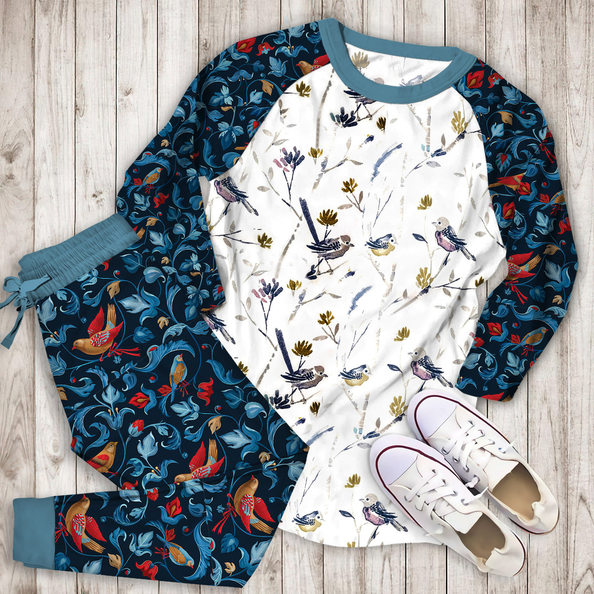 Bird Pajama Set | Pajamas | Cotton Sleepwear Sets | Soft Long Sleeve Pjs | Raglan Shirt and Pants Set