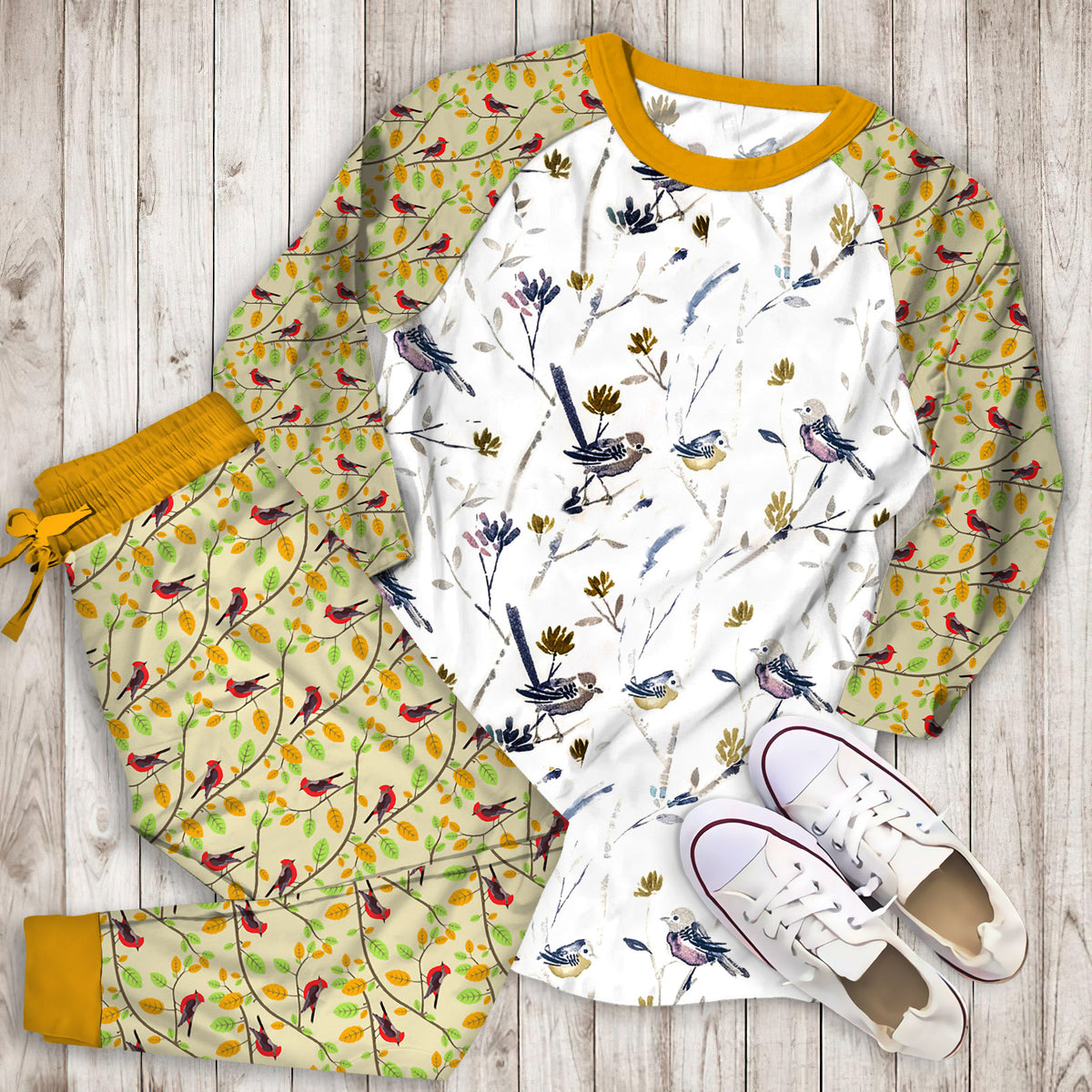Bird Pajama Set | Pajamas | Cotton Sleepwear Sets | Soft Long Sleeve Pjs | Raglan Shirt and Pants Set