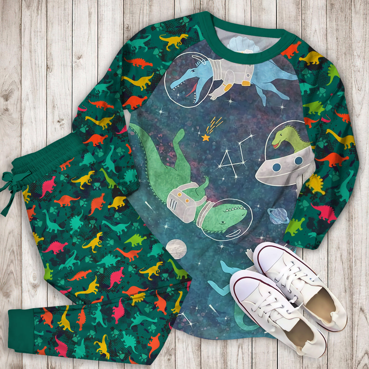 Dinosaurs In Space Pajama Set |Sleepwear Pjs Sets | Raglan Shirt Pants Set