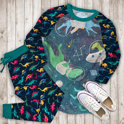 Dinosaurs In Space Pajama Set |Sleepwear Pjs Sets | Raglan Shirt Pants Set
