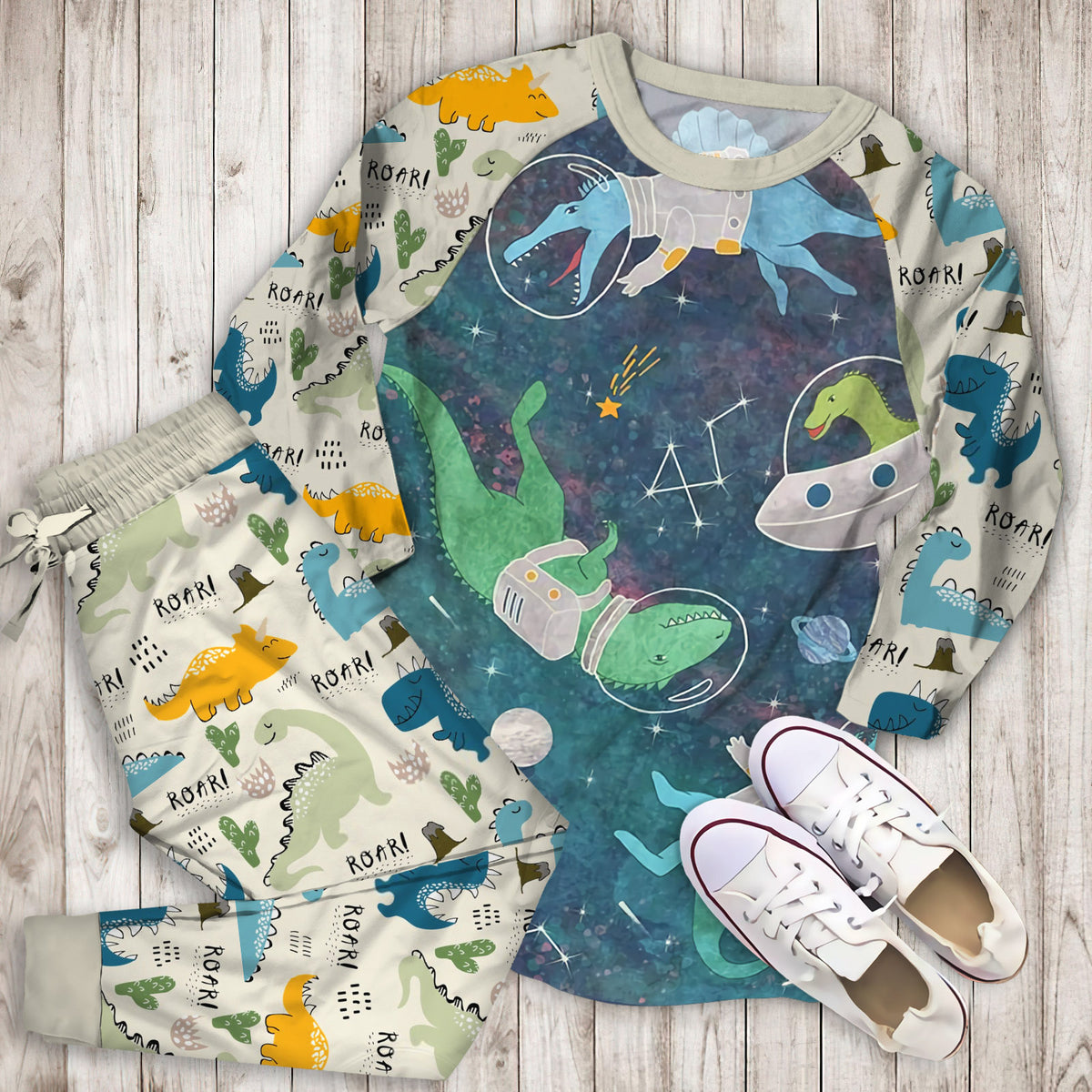 Dinosaurs In Space Pajama Set |Sleepwear Pjs Sets | Raglan Shirt Pants Set