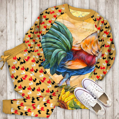 Rooster Sunflower Art Vintage Pajama Set |Sleepwear Pjs Sets | Raglan Shirt Pants Set