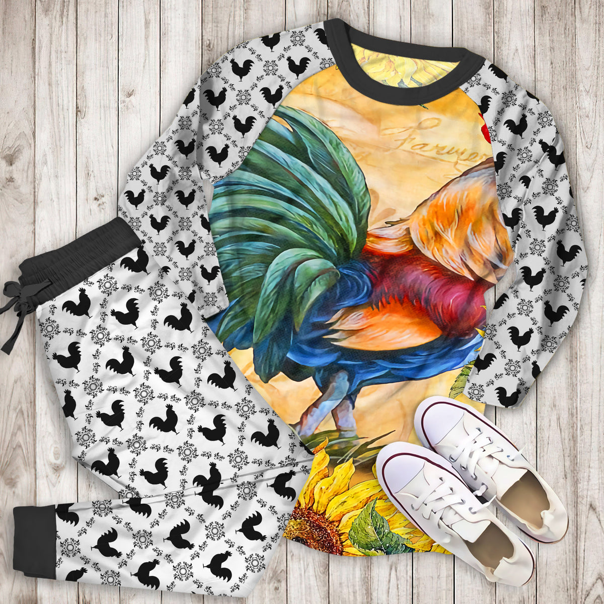 Rooster Sunflower Art Vintage Pajama Set |Sleepwear Pjs Sets | Raglan Shirt Pants Set