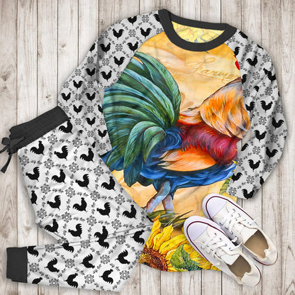 Rooster Sunflower Art Vintage Pajama Set |Sleepwear Pjs Sets | Raglan Shirt Pants Set