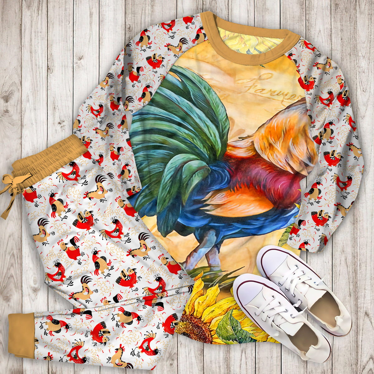 Rooster Sunflower Art Vintage Pajama Set |Sleepwear Pjs Sets | Raglan Shirt Pants Set
