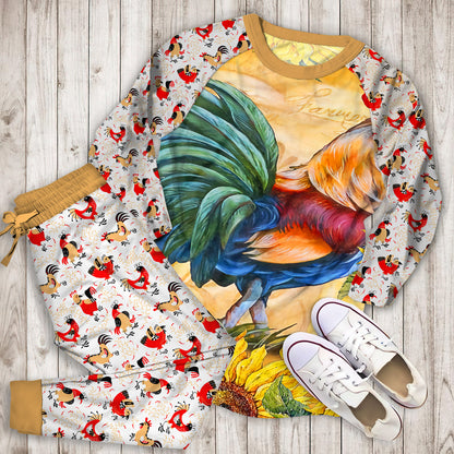 Rooster Sunflower Art Vintage Pajama Set |Sleepwear Pjs Sets | Raglan Shirt Pants Set