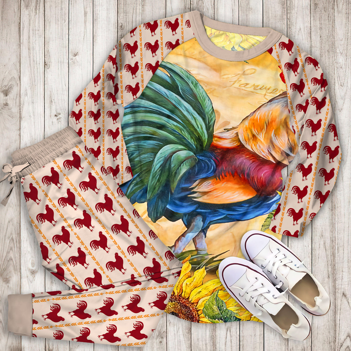 Rooster Sunflower Art Vintage Pajama Set |Sleepwear Pjs Sets | Raglan Shirt Pants Set