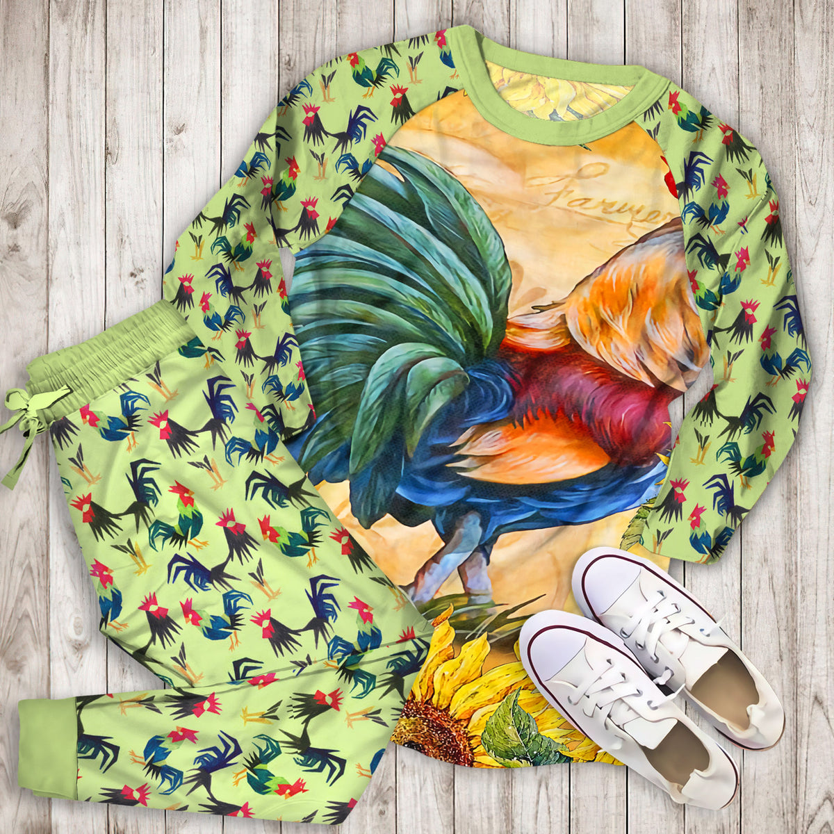 Rooster Sunflower Art Vintage Pajama Set |Sleepwear Pjs Sets | Raglan Shirt Pants Set
