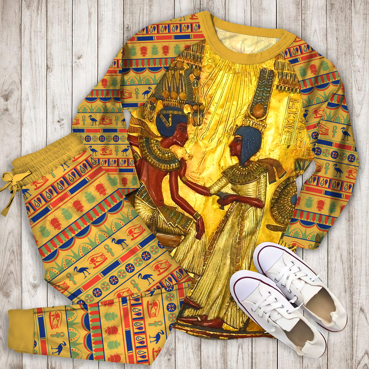Ancient Egypt Gold Pajama Set |Sleepwear Pjs Sets | Raglan Shirt Pants Set