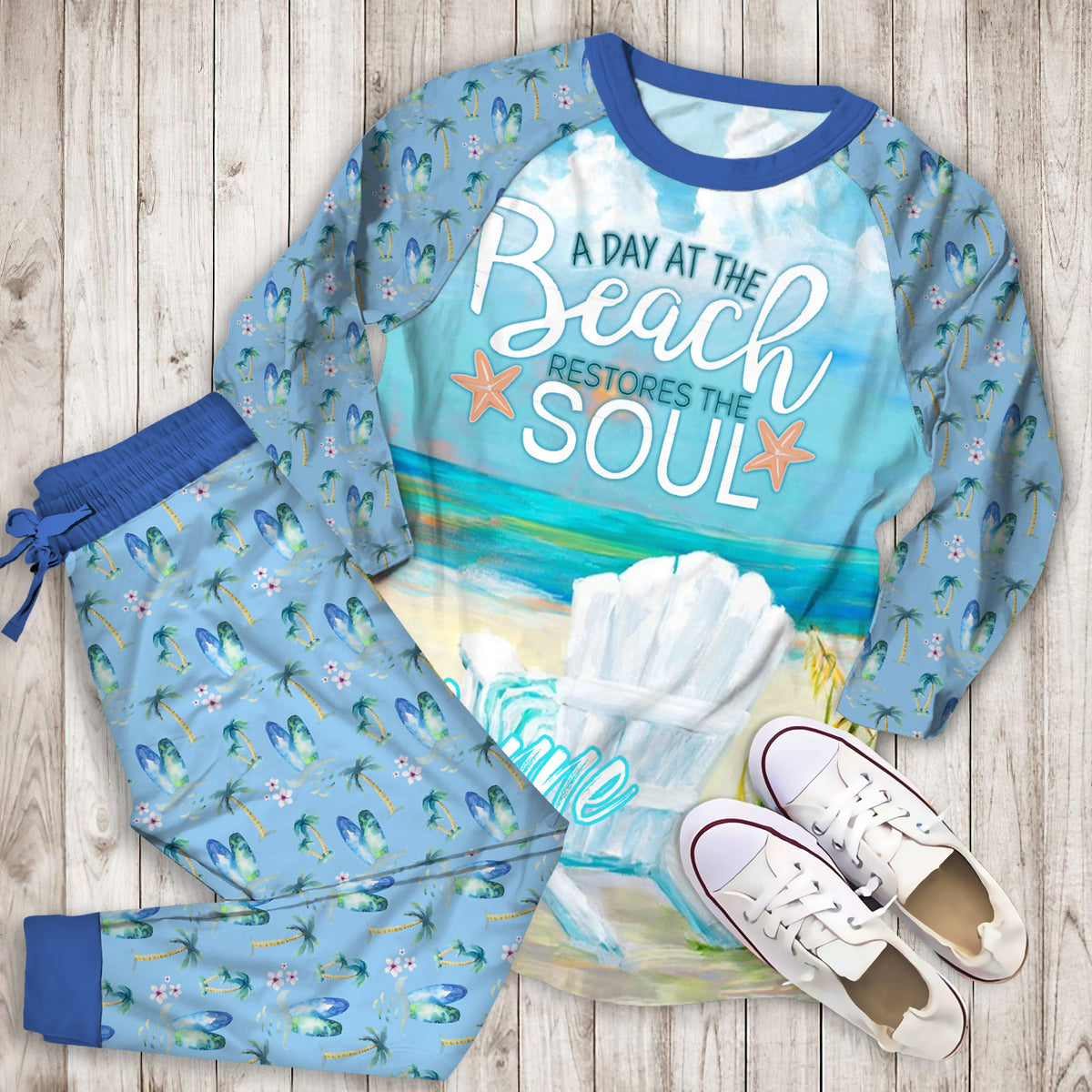 Beach Personalized Name Pajama Set |Sleepwear Pjs Sets | Raglan Shirt Pants Set