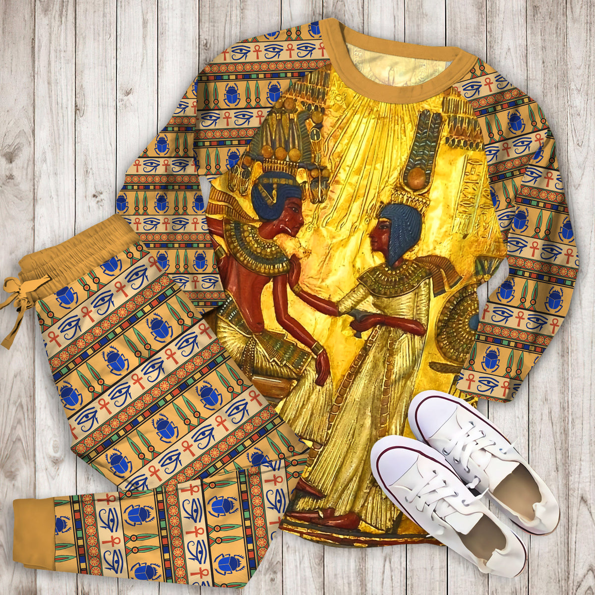 Ancient Egypt Gold Pajama Set |Sleepwear Pjs Sets | Raglan Shirt Pants Set