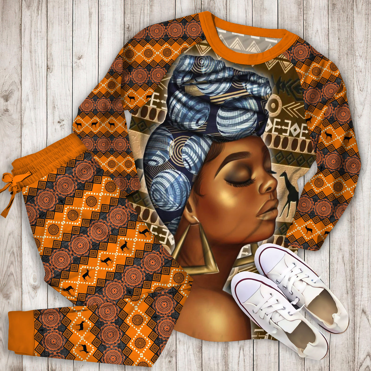Black African Woman Pajama Set |Sleepwear Pjs Sets | Raglan Shirt Pants Set