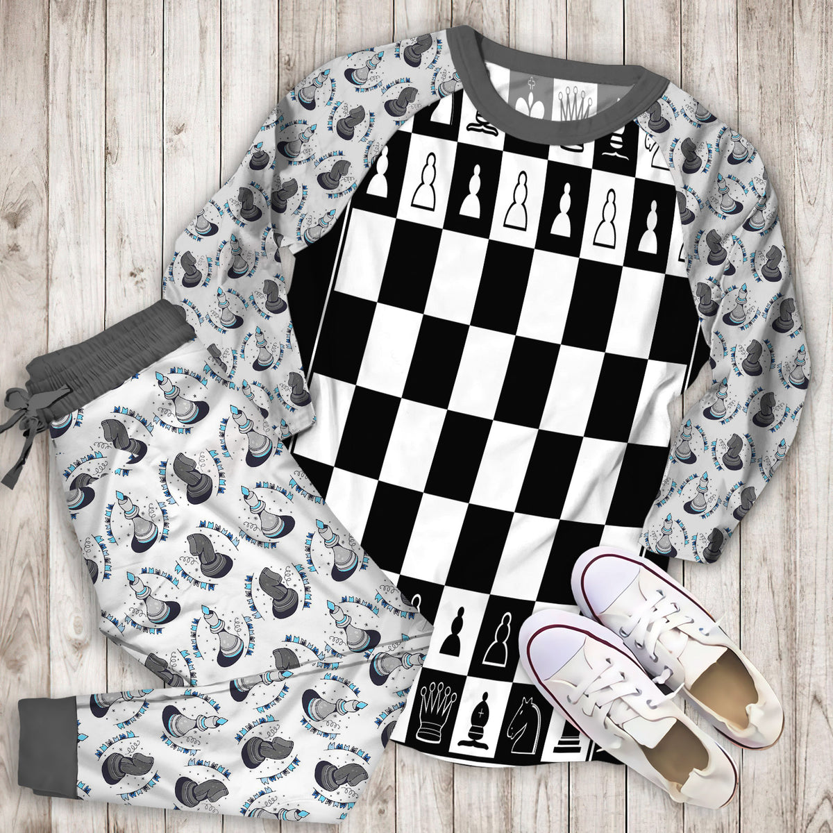Chess Pajama Set |Sleepwear Pjs Sets | Raglan Shirt Pants Set