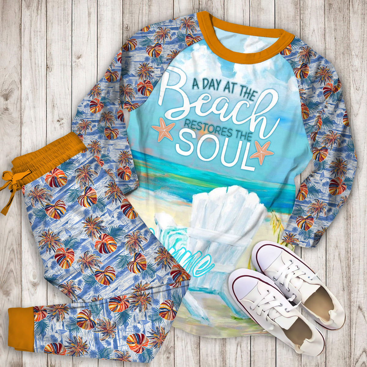 Beach Personalized Name Pajama Set |Sleepwear Pjs Sets | Raglan Shirt Pants Set