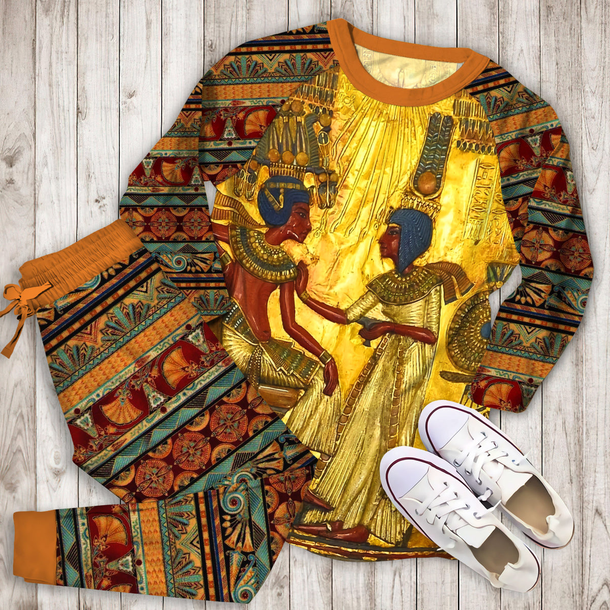 Ancient Egypt Gold Pajama Set |Sleepwear Pjs Sets | Raglan Shirt Pants Set