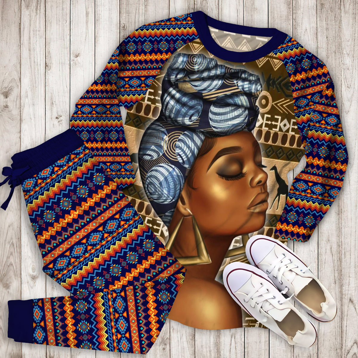 Black African Woman Pajama Set |Sleepwear Pjs Sets | Raglan Shirt Pants Set