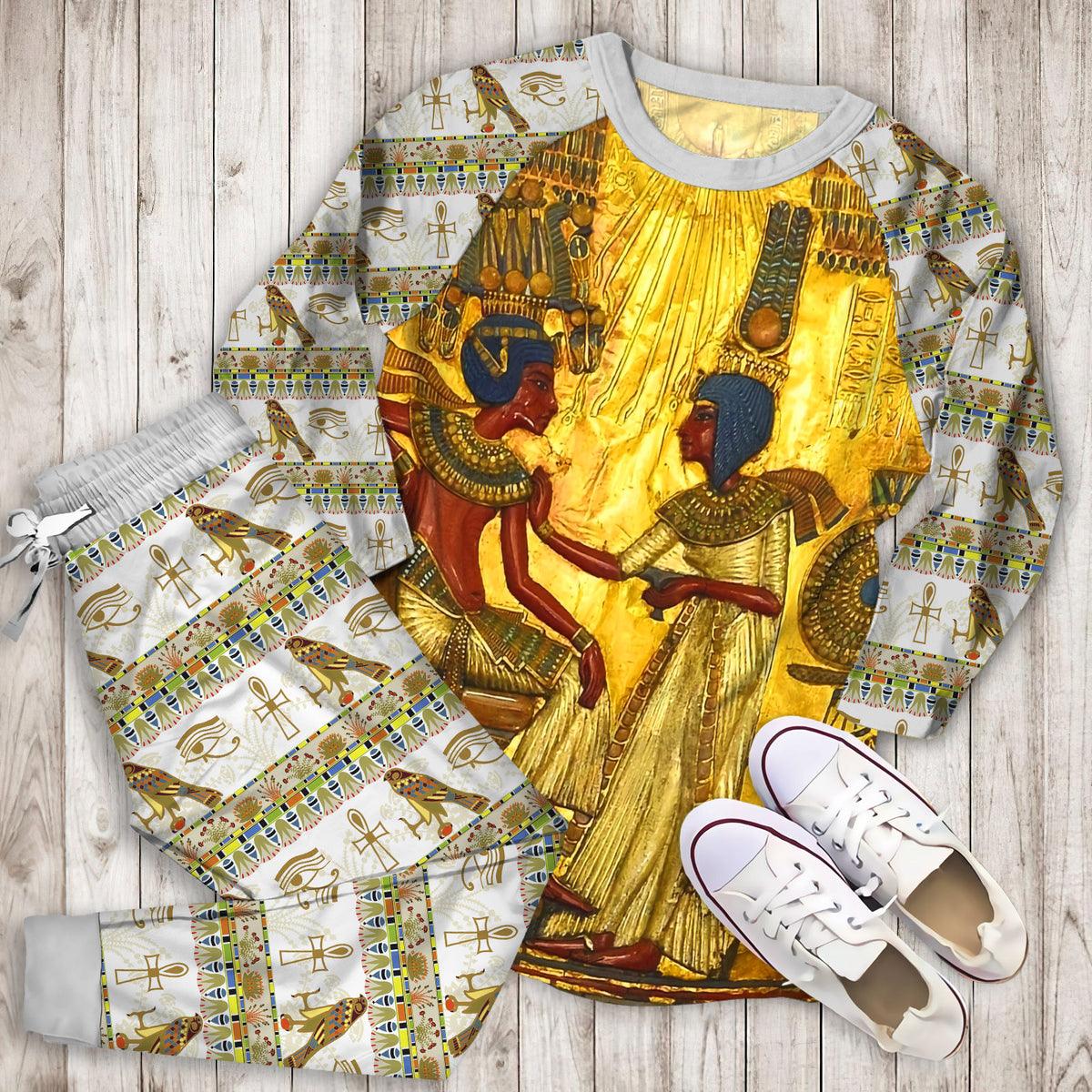 Ancient Egypt Gold Pajama Set |Sleepwear Pjs Sets | Raglan Shirt Pants Set