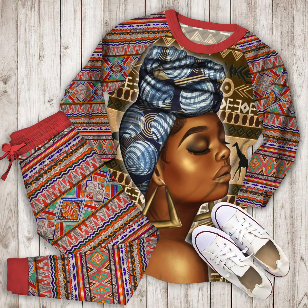 Black African Woman Pajama Set |Sleepwear Pjs Sets | Raglan Shirt Pants Set