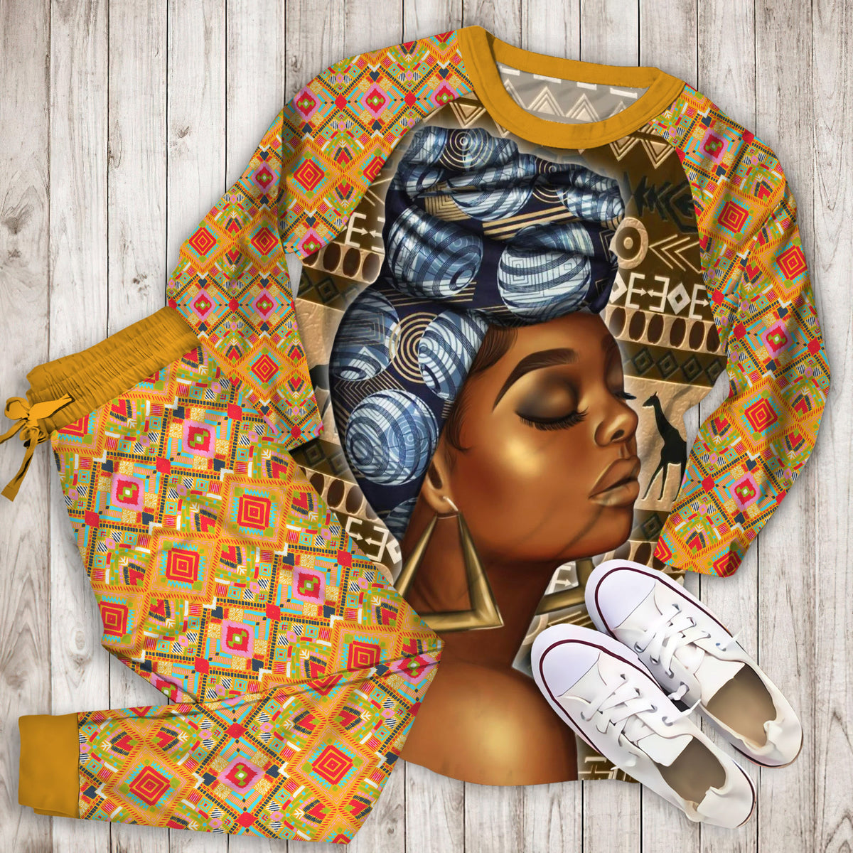 Black African Woman Pajama Set |Sleepwear Pjs Sets | Raglan Shirt Pants Set