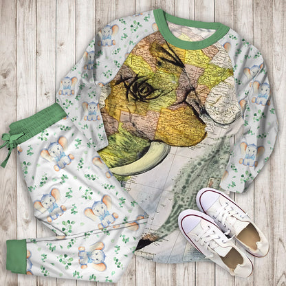 Elephant World Map Pajama Set | Pajamas | Cotton Sleepwear Sets | Soft Long Sleeve Pjs | Raglan Shirt and Pants Set