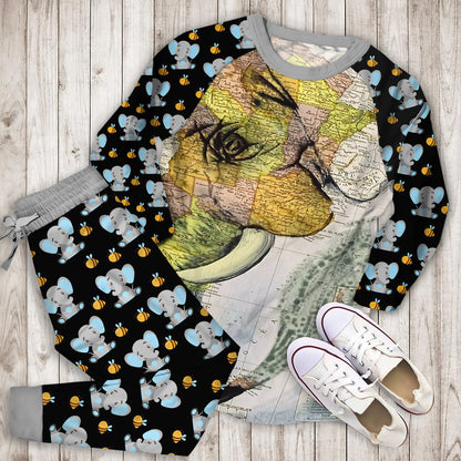 Elephant World Map Pajama Set | Pajamas | Cotton Sleepwear Sets | Soft Long Sleeve Pjs | Raglan Shirt and Pants Set