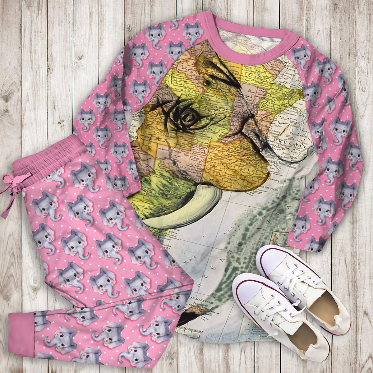 Elephant World Map Pajama Set | Pajamas | Cotton Sleepwear Sets | Soft Long Sleeve Pjs | Raglan Shirt and Pants Set
