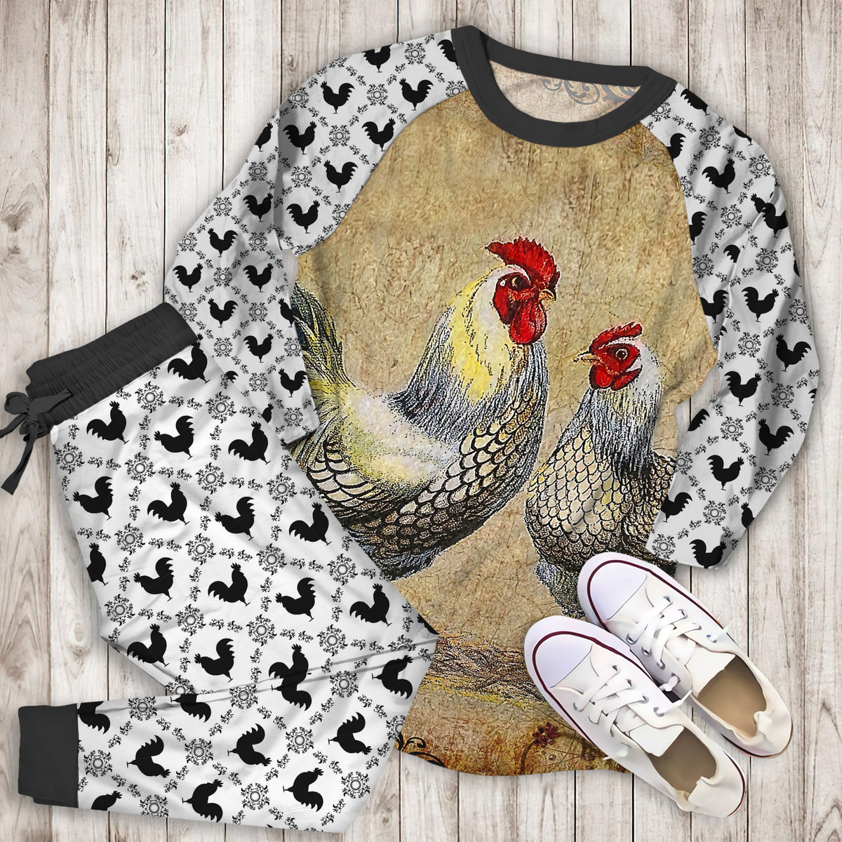 Rooster Vintage Pajama Set | Pajamas | Cotton Sleepwear Sets | Soft Long Sleeve Pjs | Raglan Shirt and Pants Set