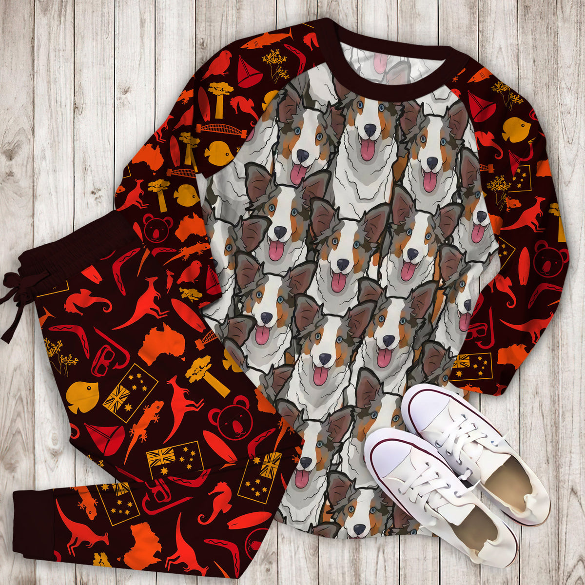 Australian Shepherd Pajama Set | Pajamas | Cotton Sleepwear Sets | Soft Long Sleeve Pjs | Raglan Shirt and Pants Set