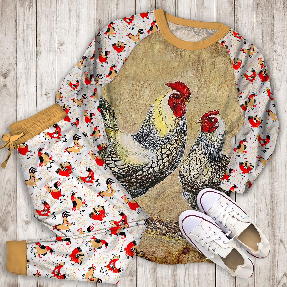 Rooster Vintage Pajama Set | Pajamas | Cotton Sleepwear Sets | Soft Long Sleeve Pjs | Raglan Shirt and Pants Set
