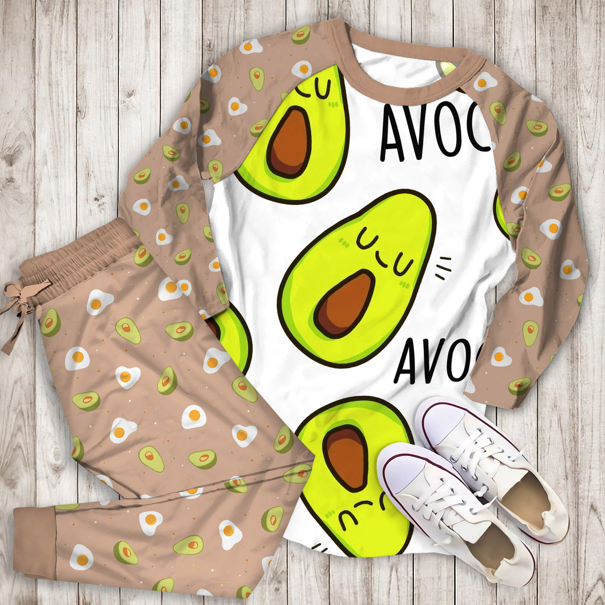 Avocado Smiley Face Pajama Set |Sleepwear Pjs Sets | Raglan Shirt Pants Set