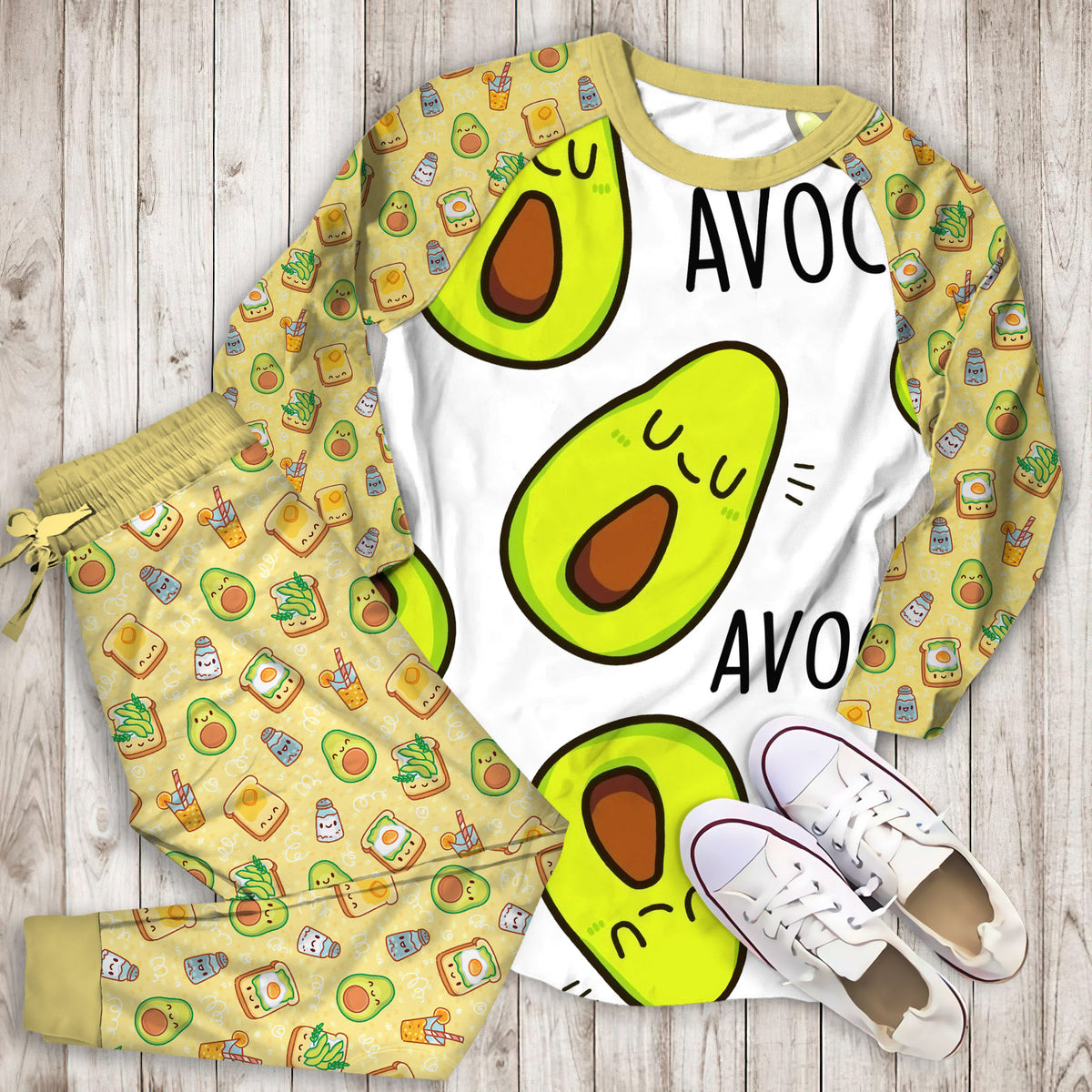 Avocado Smiley Face Pajama Set |Sleepwear Pjs Sets | Raglan Shirt Pants Set