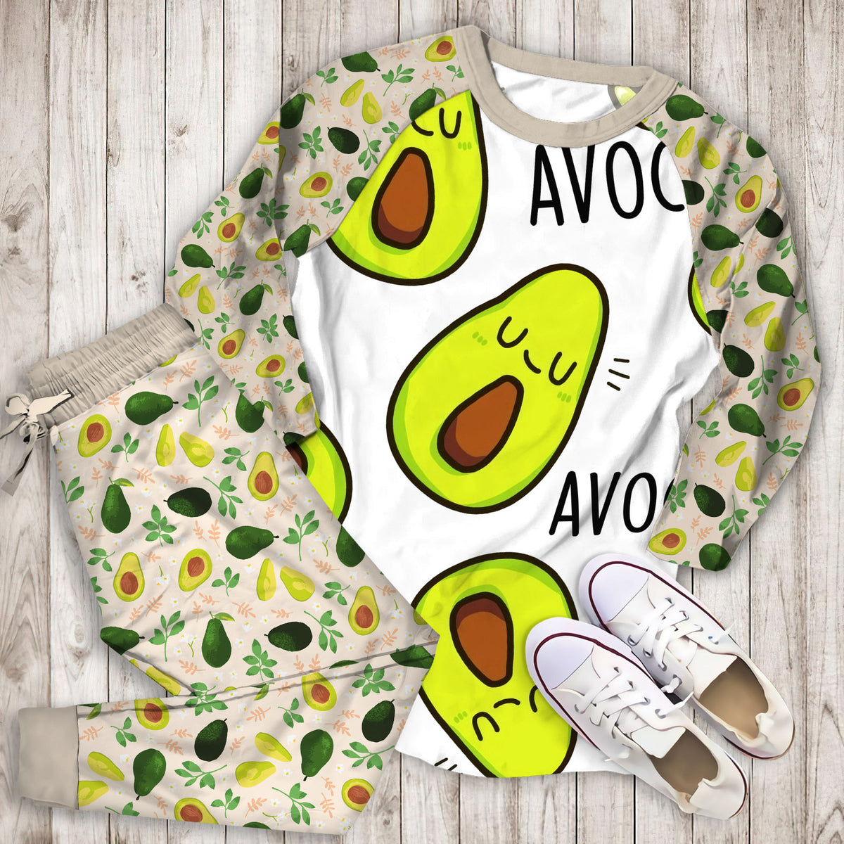 Avocado Smiley Face Pajama Set |Sleepwear Pjs Sets | Raglan Shirt Pants Set
