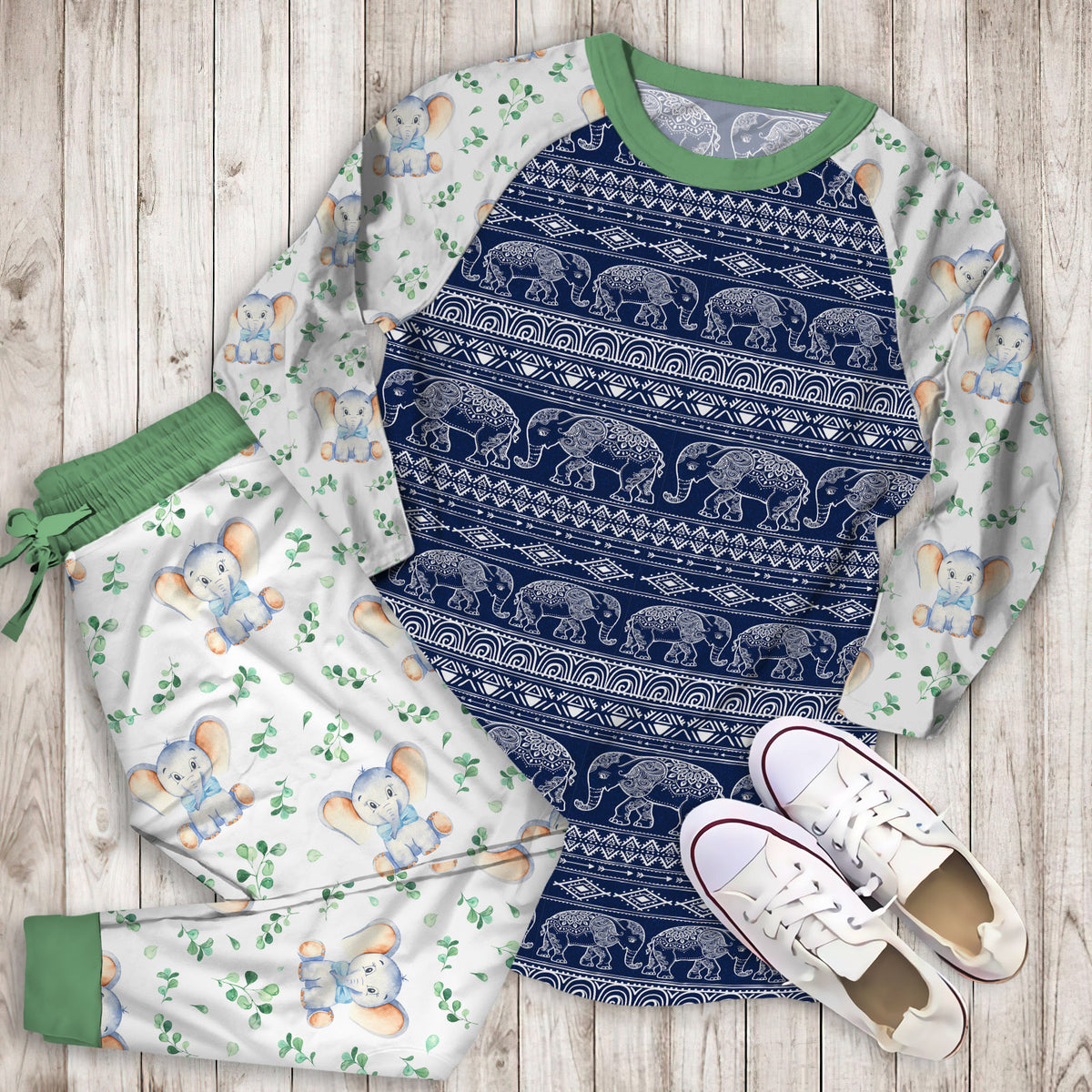 Elephant Pajama Set | Pajamas | Cotton Sleepwear Sets | Soft Long Sleeve Pjs | Raglan Shirt and Pants Set
