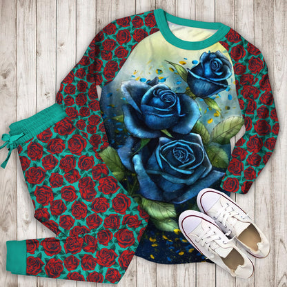Blue Rose Pajama Set | Pajamas | Cotton Sleepwear Sets | Soft Long Sleeve Pjs | Raglan Shirt and Pants Set
