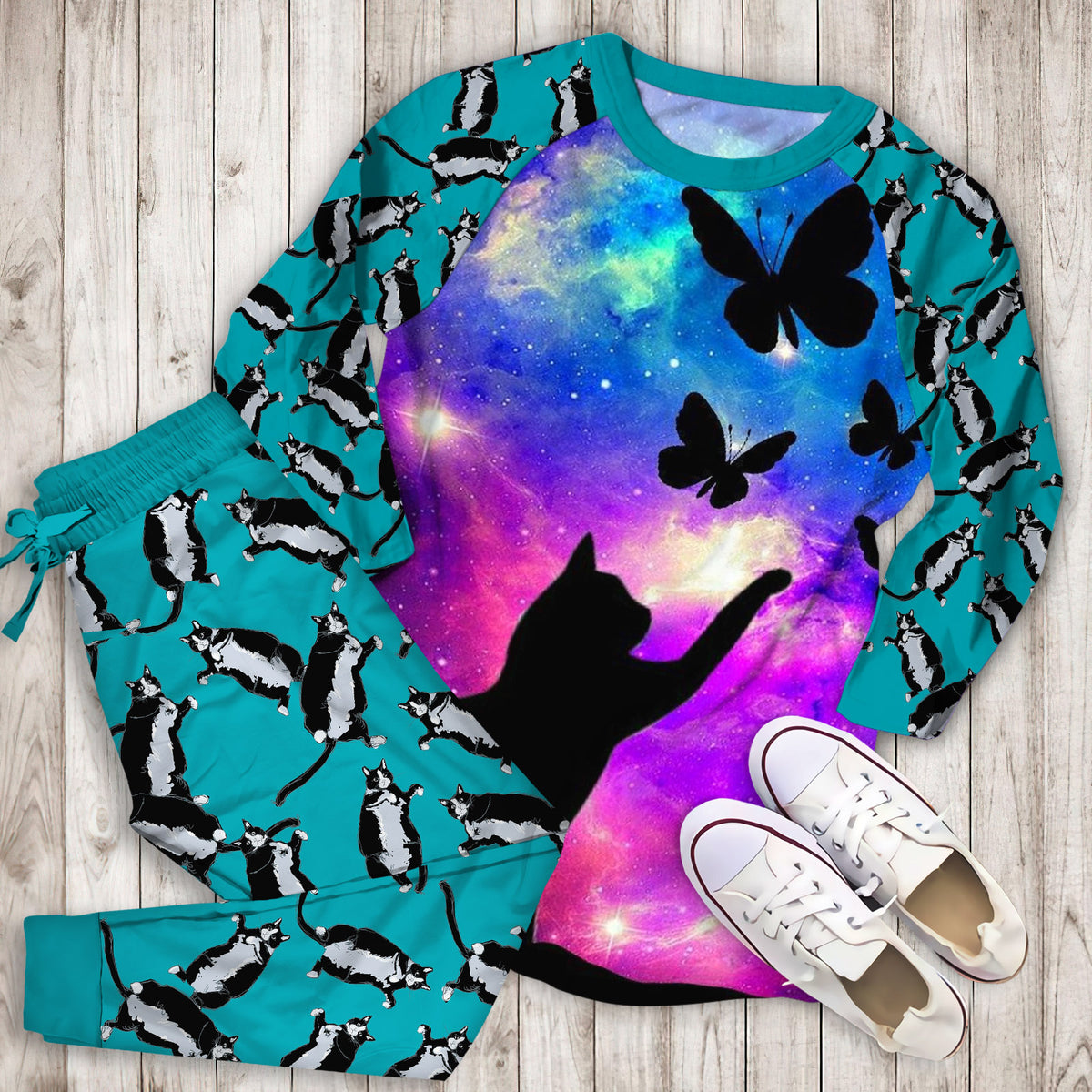 Cat Pajama Set | Pajamas | Cotton Sleepwear Sets | Soft Long Sleeve Pjs | Raglan Shirt and Pants Set