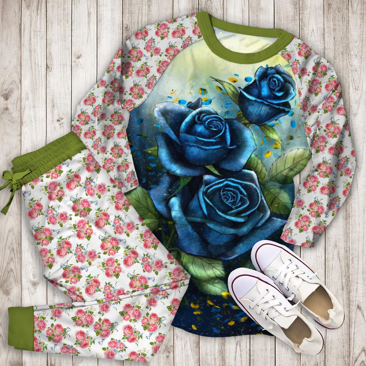 Blue Rose Pajama Set | Pajamas | Cotton Sleepwear Sets | Soft Long Sleeve Pjs | Raglan Shirt and Pants Set