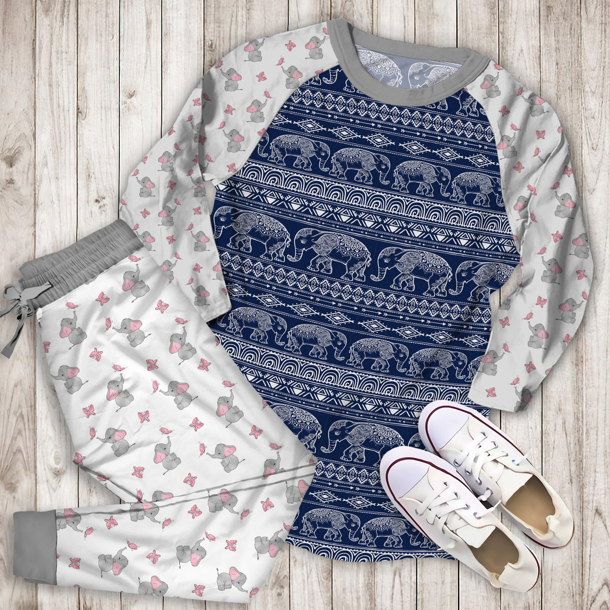 Elephant Pajama Set | Pajamas | Cotton Sleepwear Sets | Soft Long Sleeve Pjs | Raglan Shirt and Pants Set