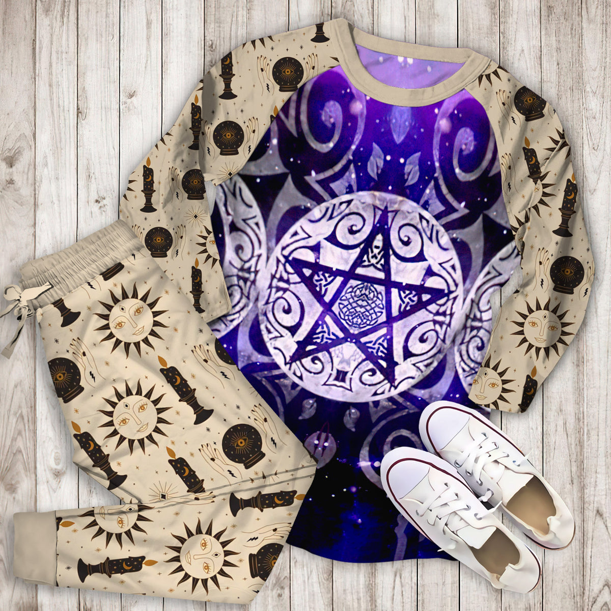 Wicca Triple Moon Pajama Set | Pajamas | Cotton Sleepwear Sets | Soft Long Sleeve Pjs | Raglan Shirt and Pants Set