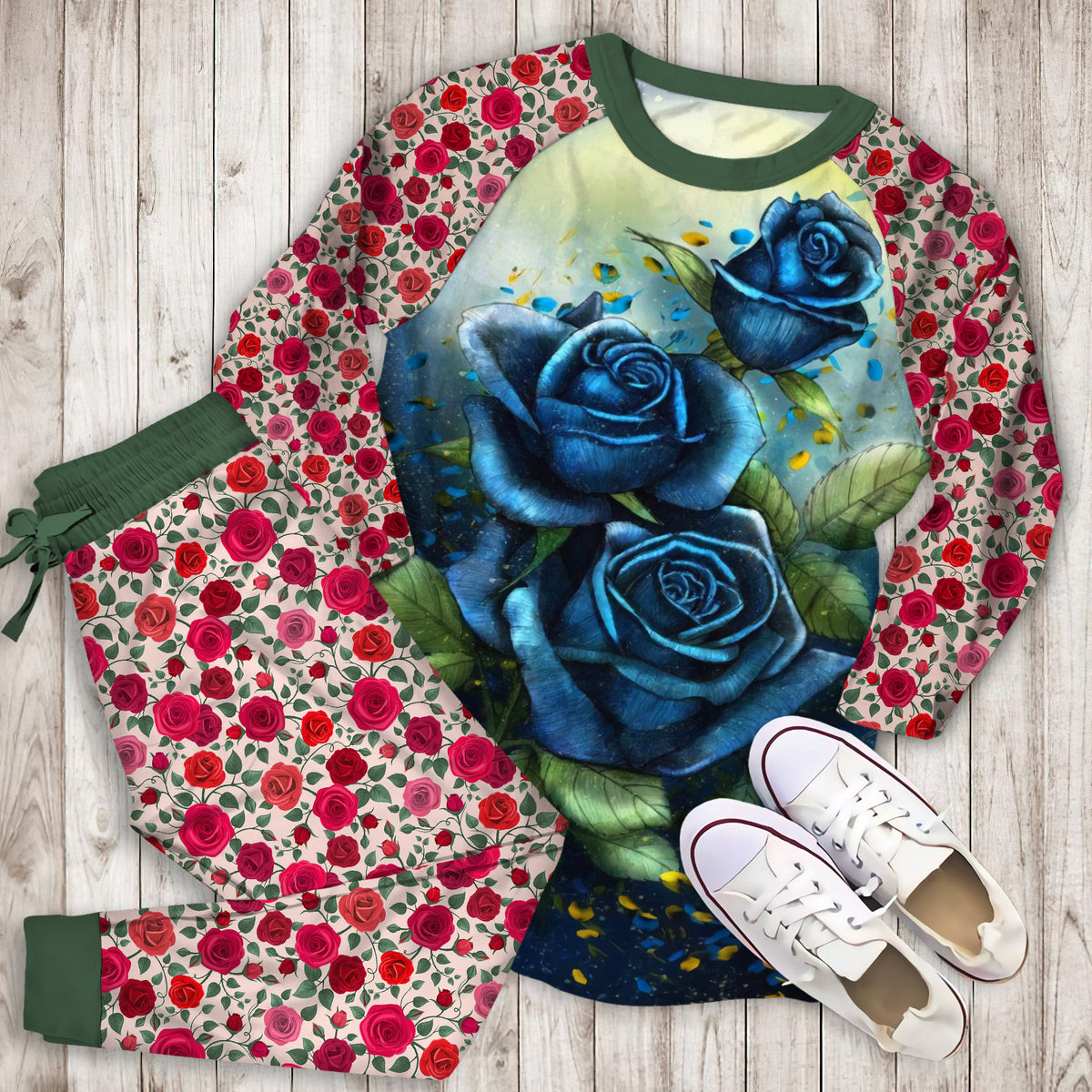 Blue Rose Pajama Set | Pajamas | Cotton Sleepwear Sets | Soft Long Sleeve Pjs | Raglan Shirt and Pants Set