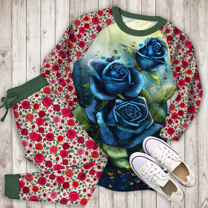 Blue Rose Pajama Set | Pajamas | Cotton Sleepwear Sets | Soft Long Sleeve Pjs | Raglan Shirt and Pants Set