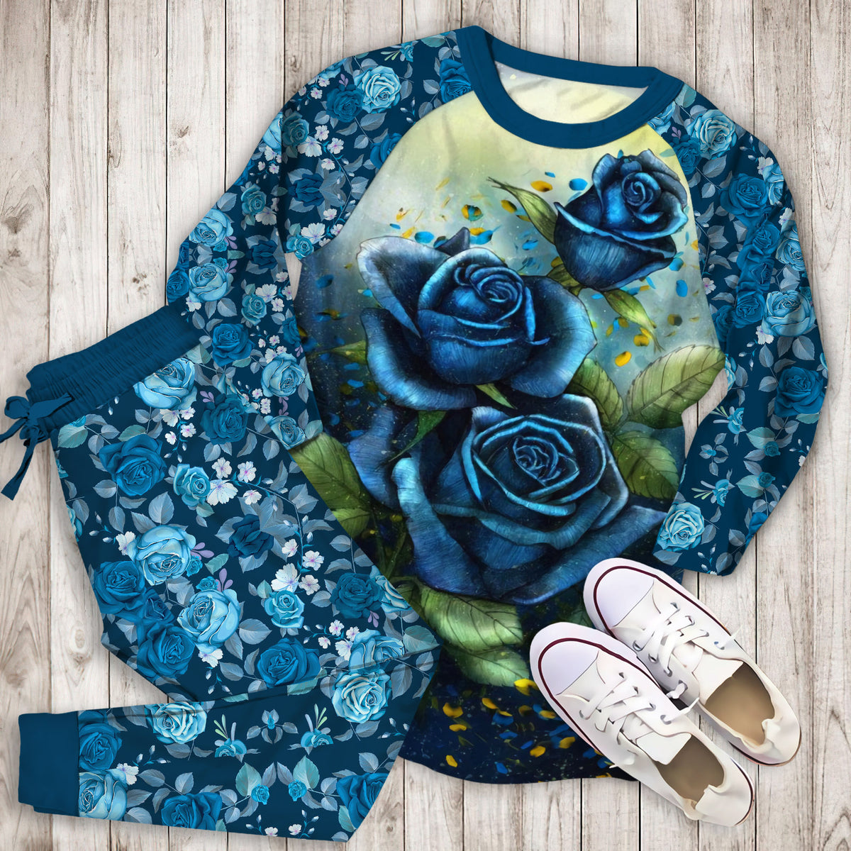 Blue Rose Pajama Set | Pajamas | Cotton Sleepwear Sets | Soft Long Sleeve Pjs | Raglan Shirt and Pants Set
