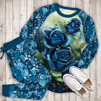 Blue Rose Pajama Set | Pajamas | Cotton Sleepwear Sets | Soft Long Sleeve Pjs | Raglan Shirt and Pants Set