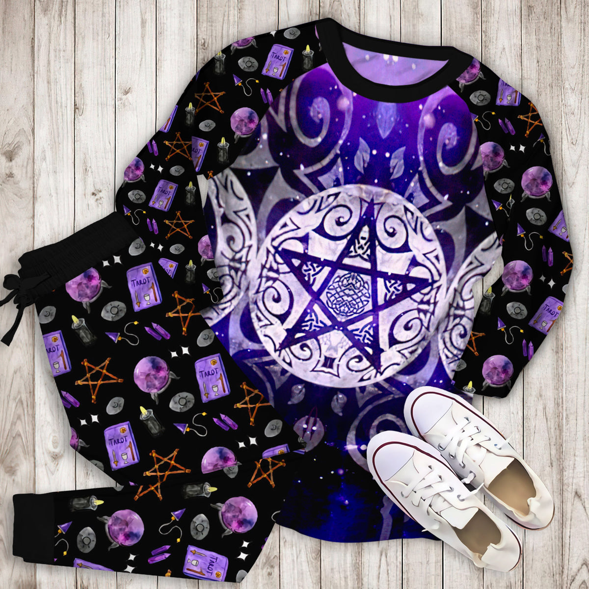 Wicca Triple Moon Pajama Set | Pajamas | Cotton Sleepwear Sets | Soft Long Sleeve Pjs | Raglan Shirt and Pants Set