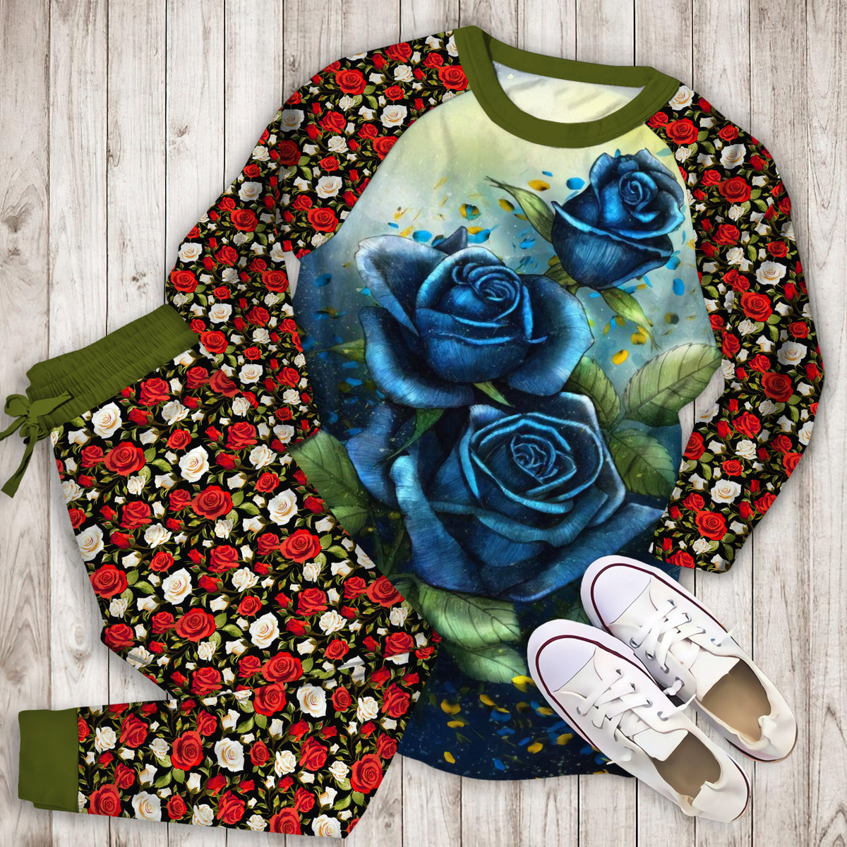 Blue Rose Pajama Set | Pajamas | Cotton Sleepwear Sets | Soft Long Sleeve Pjs | Raglan Shirt and Pants Set