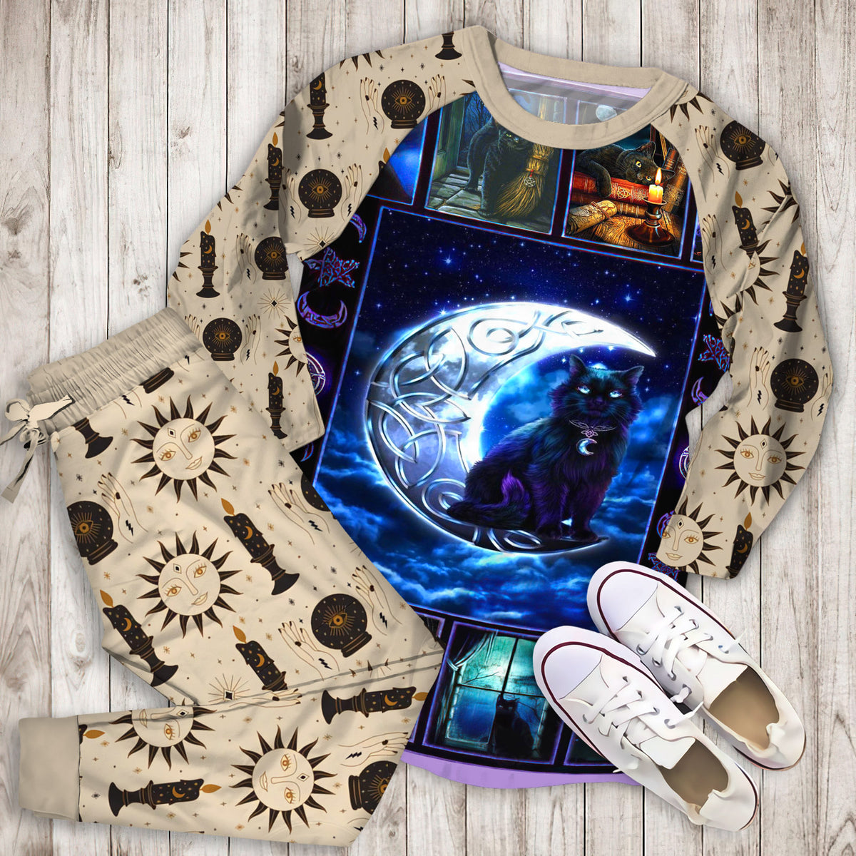 Wicca Pentacle Black Cat Pajama Set | Pajamas | Cotton Sleepwear Sets | Soft Long Sleeve Pjs | Raglan Shirt and Pants Set