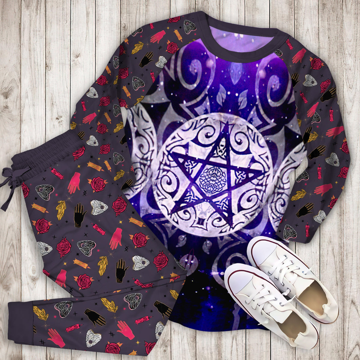 Wicca Triple Moon Pajama Set | Pajamas | Cotton Sleepwear Sets | Soft Long Sleeve Pjs | Raglan Shirt and Pants Set